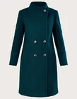 Monsoon Blake Coat Women's UK 22 Teal Wool Blend Button Up Long Bnwt New - EU 50