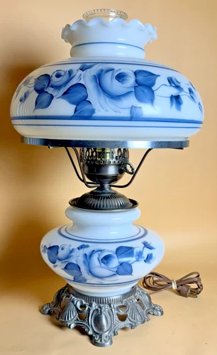 Vintage Gone with the Wind Style Hurricane Table Lamp – Blue Floral Milk Glass
