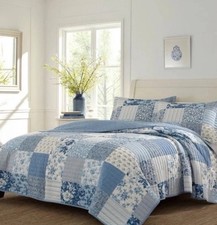 Laura Ashley Twin Blue Paisley Patchwork Quilt Set 2-Pc Reversible Cotton