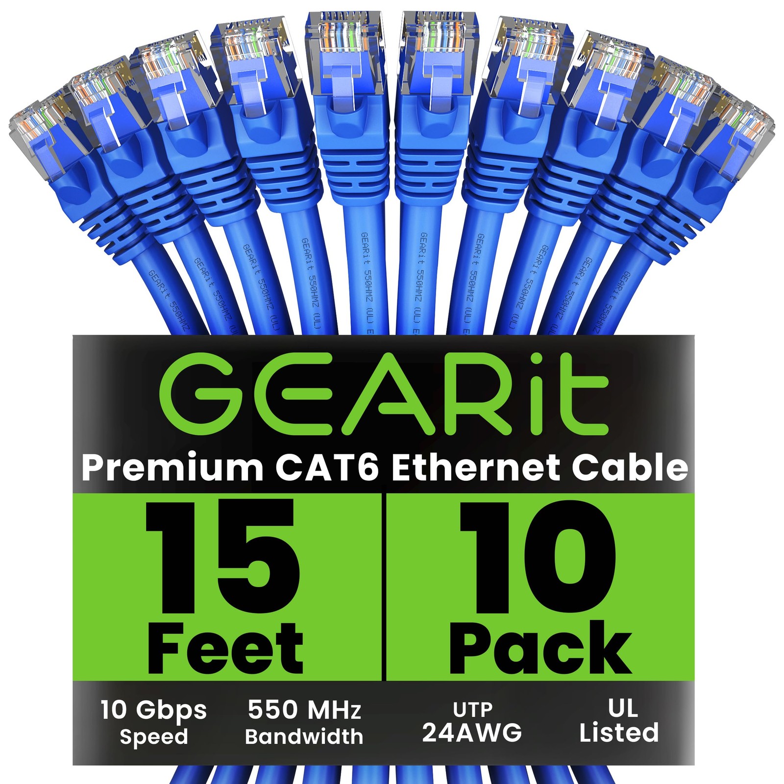 15ft Cat6 Ethernet Cable 10-Pack - 10Gbps High-Speed RJ45 Network Patch Cables Snagless Design