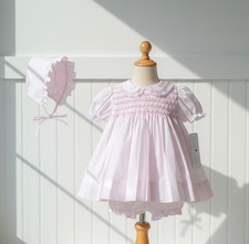 NWT Petit Ami Pink Smocked Lace 3PC Dress Preemie Baby Girls Bonnet 00 premie