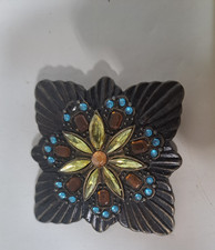 Womens Belt Buckle Natural Multi Colored Stones with Metal Flower Accent Western