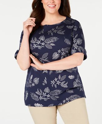 /LX063/ Karen Scott Plus Cotton Blend Printed Knit Top Intrepid Blue Sz 0X