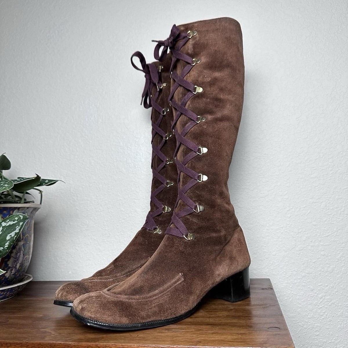 Vintage 60s 70s knee high lace up chunky square toe high Vintage 60s 70s knee high lace up chunky square toe high