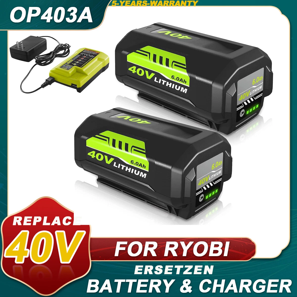 40V 5.0Ah Battery Rapid Charger For Ryobi OP4050A OP40602 OP40501