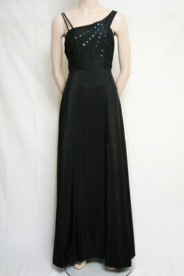 LONG BLACK ASYMMETRICAL STRAP DRESS EVENING PROM SEQUINS CHERLONE SIZE 14/16  | eBay