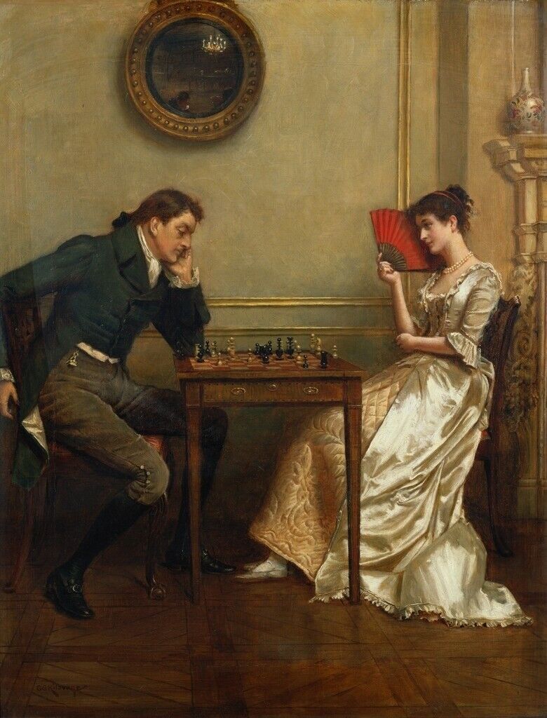 Oil painting of a grand chess match outside a school