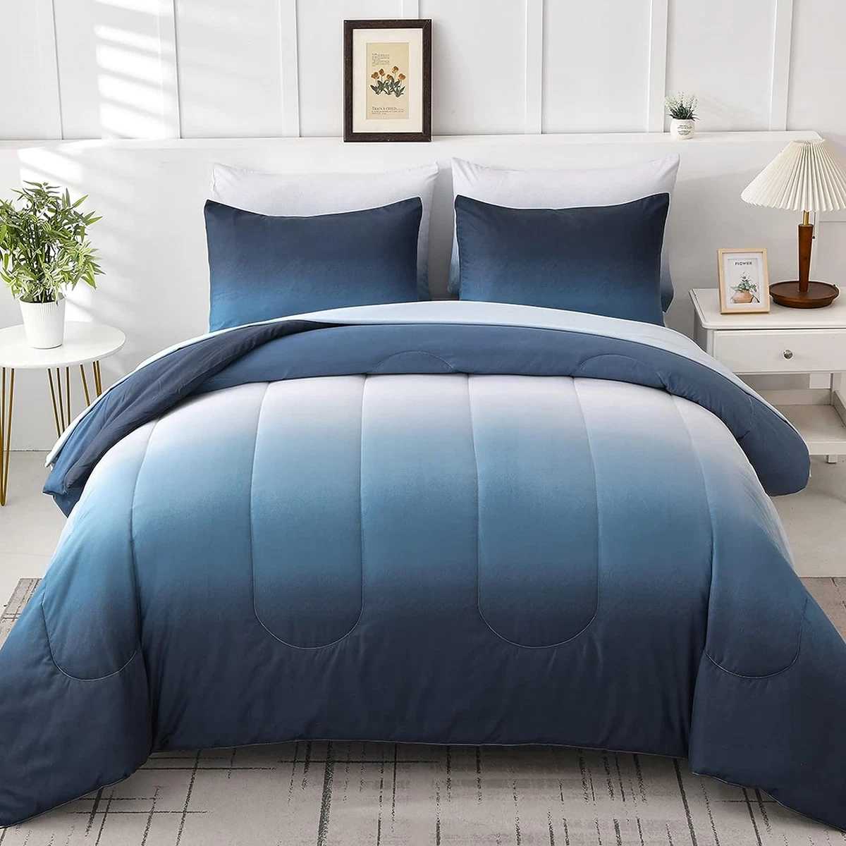 Gradient Blue Queen Comforter Set 7 Pieces Ombre Navy Blue White Microfiber Be