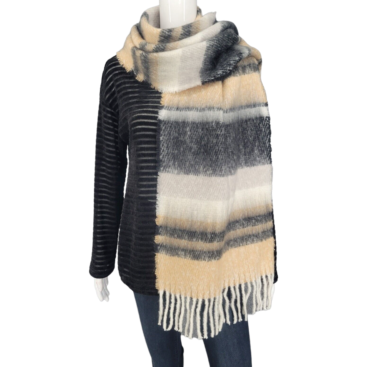 Isaac Mizrahi Live! Brushed Boucle Striped Fringe Trim Scarf-Black