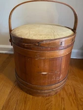 Antique Primitive Large Wooden Firkin w/Lid 12” Peg Swing Handle /3 Finger Bands
