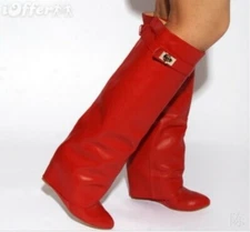 Women's Leather Wedge Heels Casual Metal Decor Suede Fold-Over-Knee-High Boots