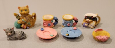 VTG 9 PIECE CAT TEA SET YARN PLATE SPOOL CUPS SAUCERS BOWL MUG TEA POT