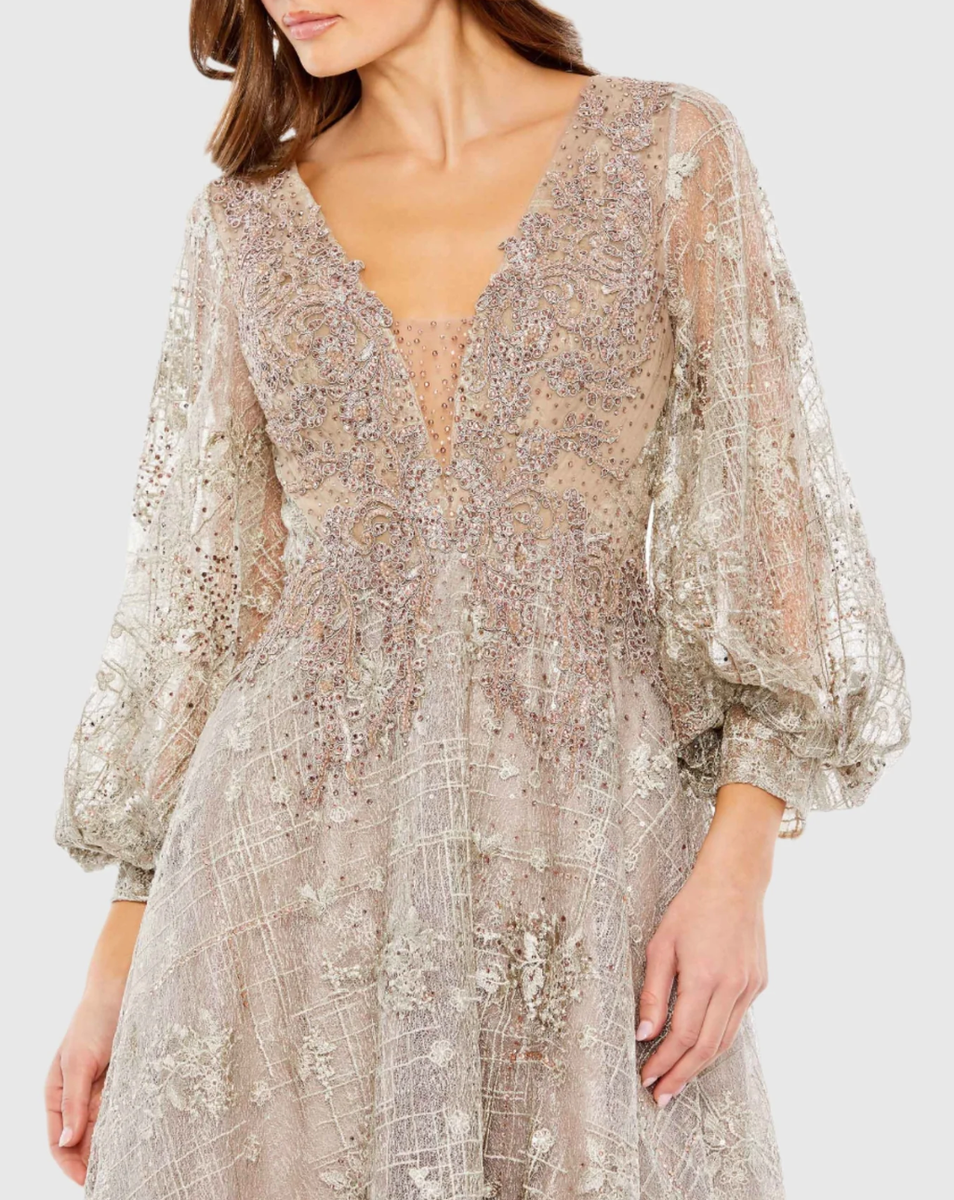 mac duggal embellished plunge neck bishop sleeve dress Embellished Plunge Neck Bishop Sleeve Dress