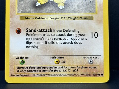 Sandshrew 62/102 Base Set Shadowless WOTC Wizards Pokémon TCG Card