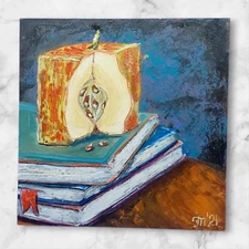 Abstract Apple on Books Original Painting Kitchen Decor Handmade Wall Art OOAK