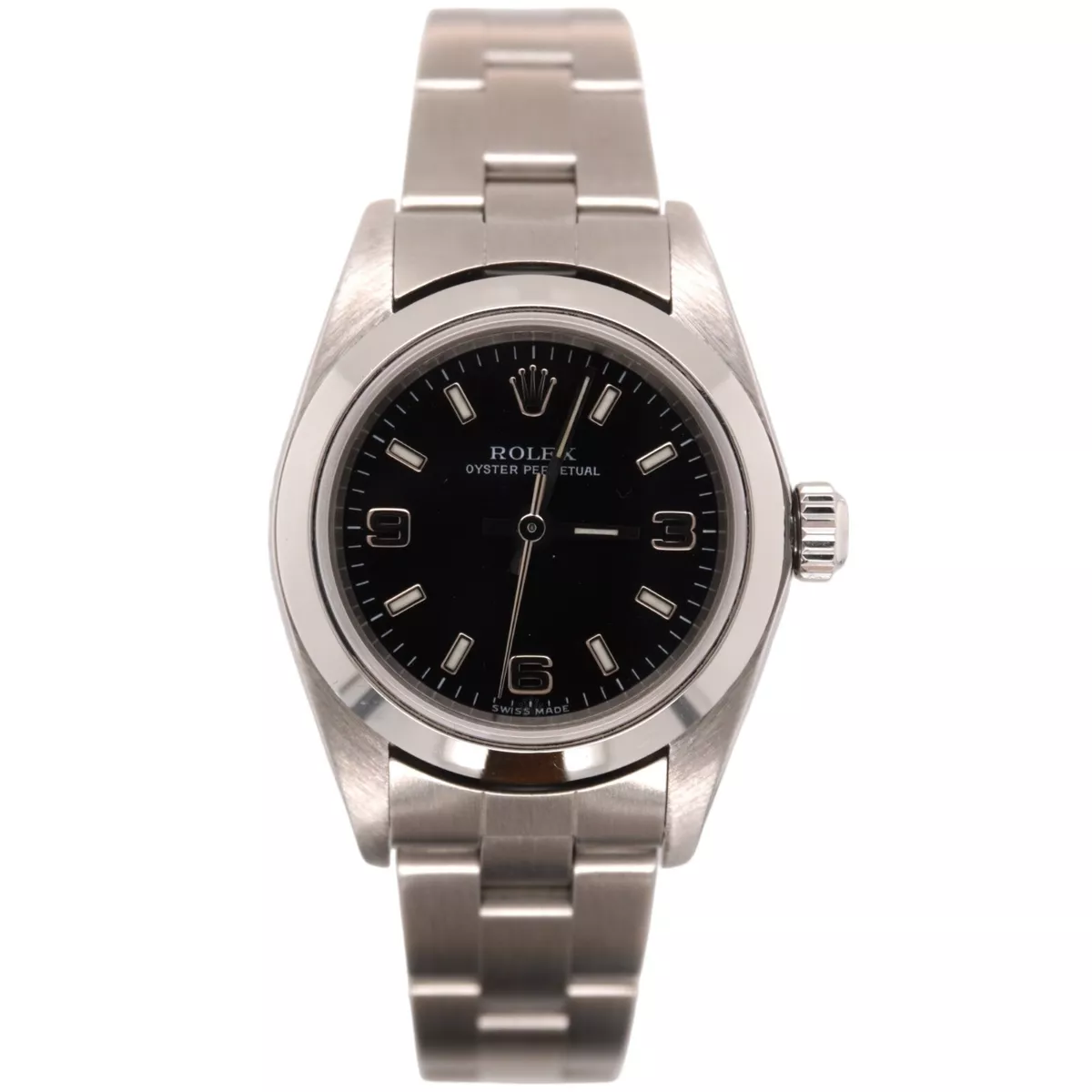 Rolex Oyster Perpetual 25mm Steel Watch Black Arabic Dial Papers