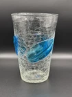 BLENKO Art Glass Vase Clear Crackle Applied Blue Leaves Vintage Retro 9.4”  tall