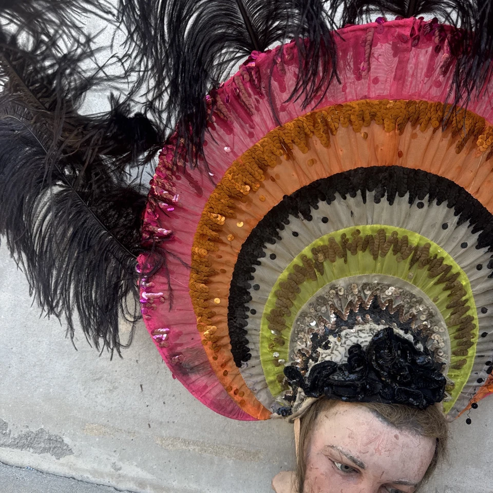 Vintage 1930s Sequin Mesh & Feather Headpiece Hat Showgirl Burlesque Beaded - Image 4 of 4