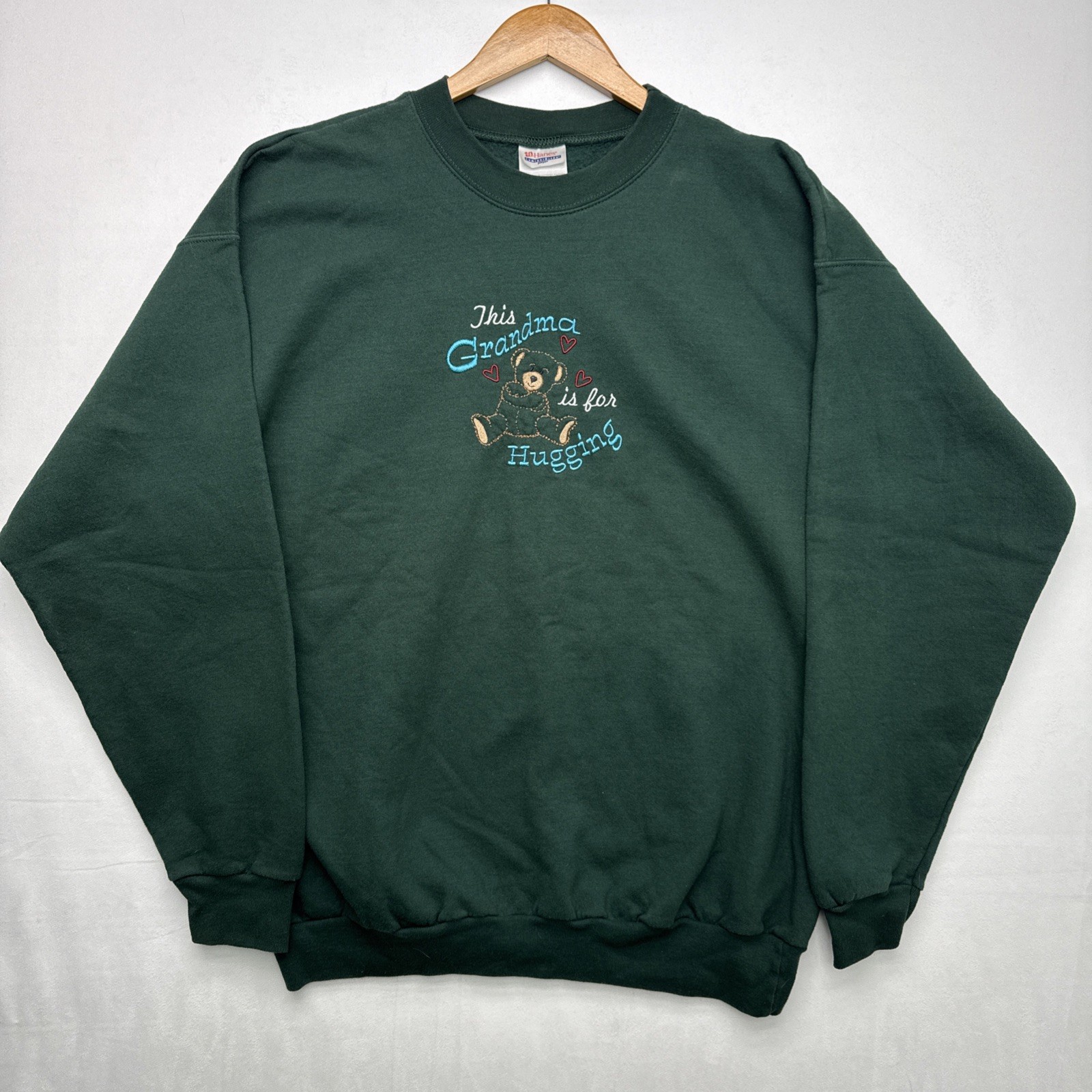 Vintage 90s Embroidered Grandma Bear Hugs Sweatshirt Sz XL Green