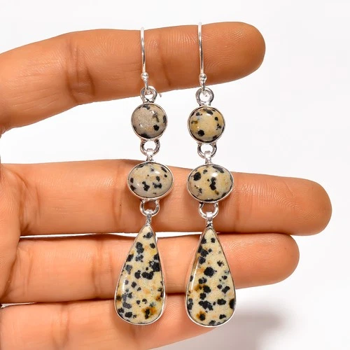 Dalmatian Jasper Gemstone 925 Silver Handmade Dangle Earrings 2.8"