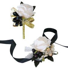 Ivory Rose and Black Wrist Corsage and Boutonniere Set for Wedding Flower Acc...