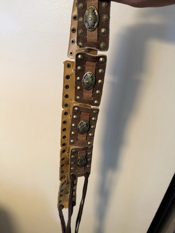 VTG Southwestern Concho Belt Brown Tan Leather  Tassel Tie Waist Studded 70” - Image 2 of 3