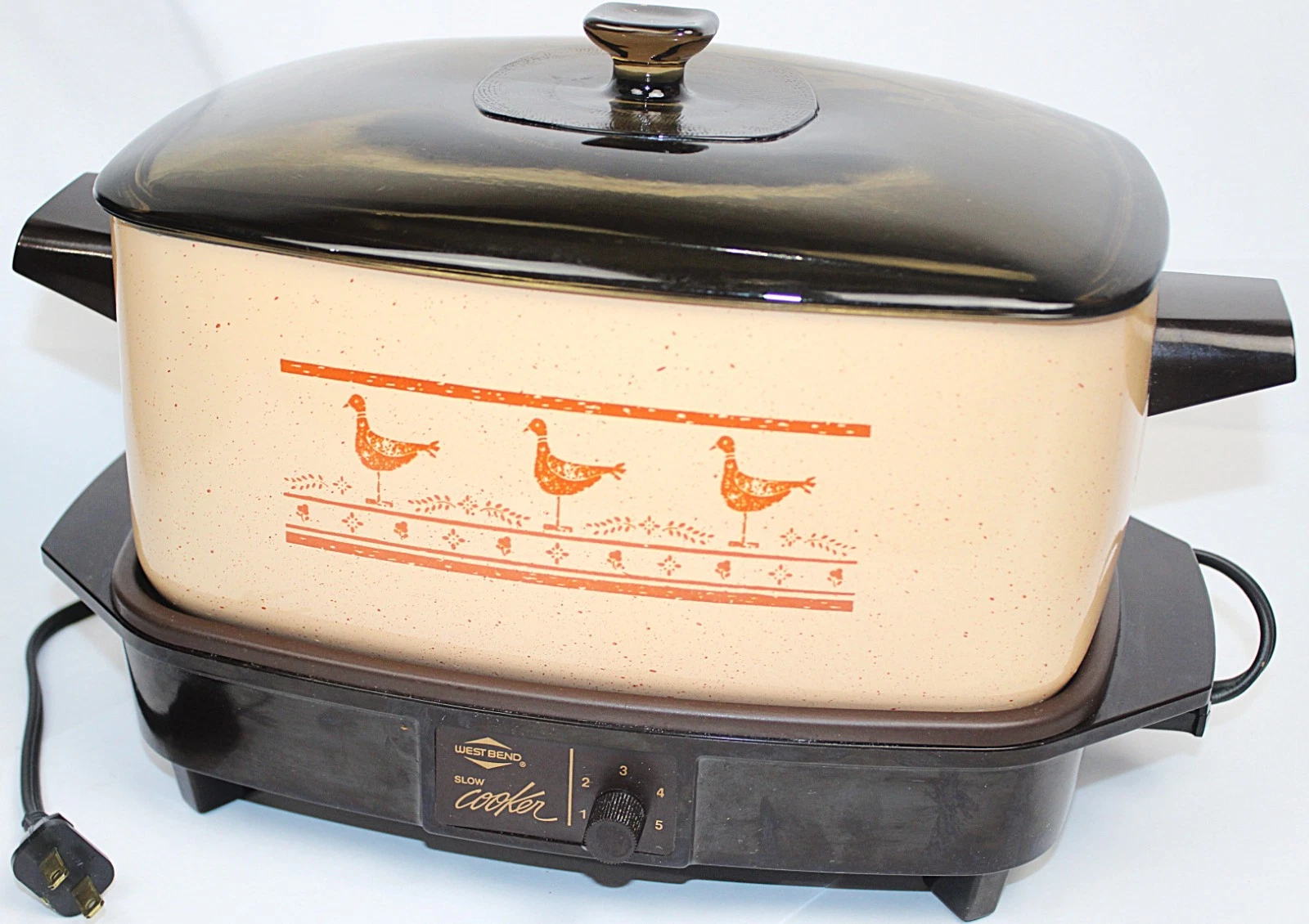 Vintage West Bend 6 Quart Slow Cooker Plus Griddle Amber Glass Lid Chicken Ducks