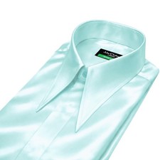 Men's 1930s Goodfellas Style Satin Shirt Aqua Blue Extra Long Spearpoint Collar