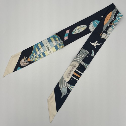 Hermès Twilly Les Folies du Ciel Silk Scarf Navy Black Cream Balloon Scarf 