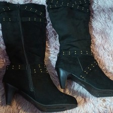 Black Suede Knee High Boots Studded Pointed Toe Zip Comfort Women US 9 EU 41
