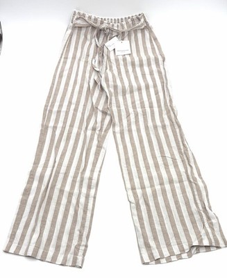beachlunchlounge Linen Striped Beige/White Wide Leg Drawstring Pants XS loose