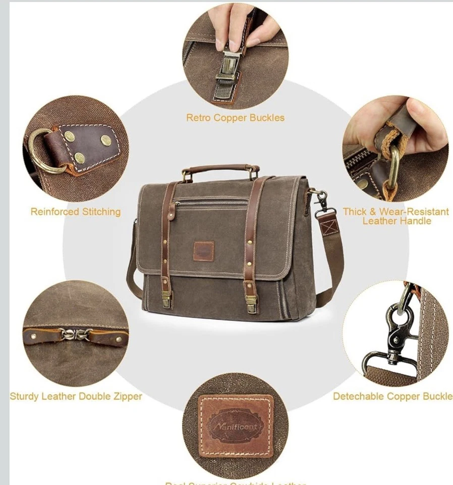 Messenger Bag for Laptop Waxed Canvas Leather Briefcase Satchel Shoulder 16 Inch - Image 4 of 4