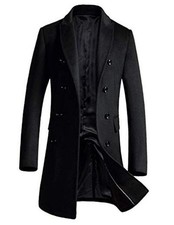 Men's Woolen Trench Coat Double Breasted Slim Fit Winter XX-Large Black