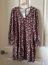 LOFT Burgundy Floral V-Neck Long Sleeve Midi Dress, size Medium