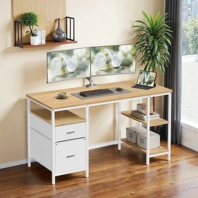 Computer Desk with 2 Drawers, 3 Shelves, 140 X 60 X 76cm, Vintage Brown