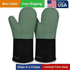 Extra Long Silicone Oven Mitts, Heat Resistant Oven Gloves with Quilted Liner No
