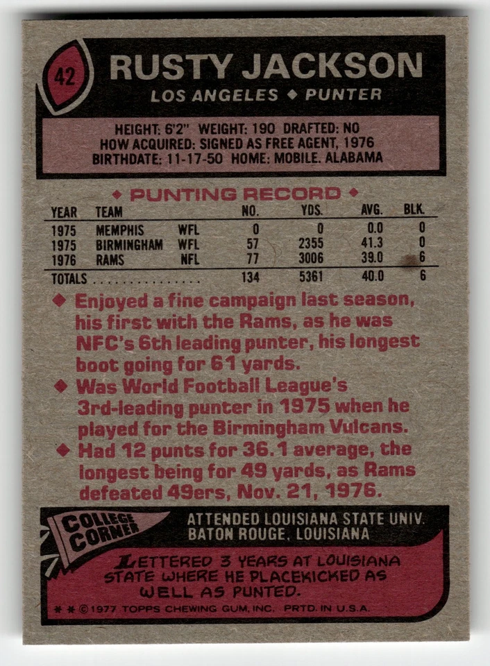 1977 Topps Rusty Jackson #42 Los Angeles Rams ROOKIE CARD HIGH GRADE BEAUTY! - Image 2 of 2