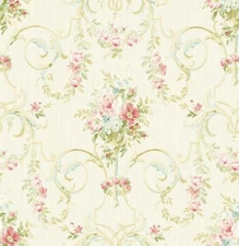Wallpaper Victorian Pink Floral Bouquet Scrolls , 56 sq ft / bolt
