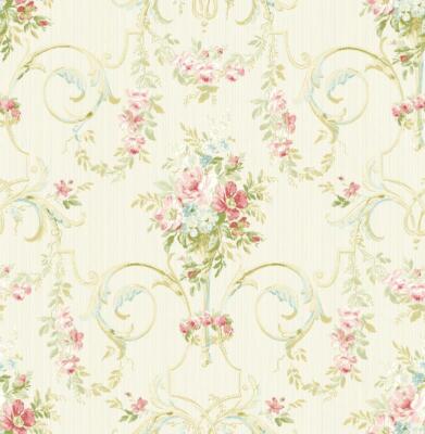 Wallpaper Victorian Pink Floral Bouquet Scrolls , 56 sq ft / bolt
