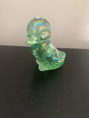 Vintage Fenton iridescent Green Signed Duck Art Glass Figurine
