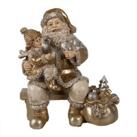 Clayre & Eef Figur Weihnachtsmann Mit Kind Gold Auf Bank Sitzend