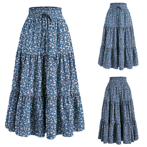 Women's Floral Party Midi A-Line Skirt Summer Boho Holiday Beach Skirts Dress US