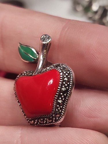 Apple Brooch Pin Marcasite Framed Sterling Silver Signed 925 A Red Green - Picture 4 of 11