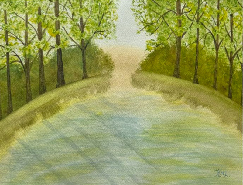 PAINTING WATERCOLOR 11X14 AND WHITE MAT 16X20 POND TREES LANDSCAPE ORIGINAL ART