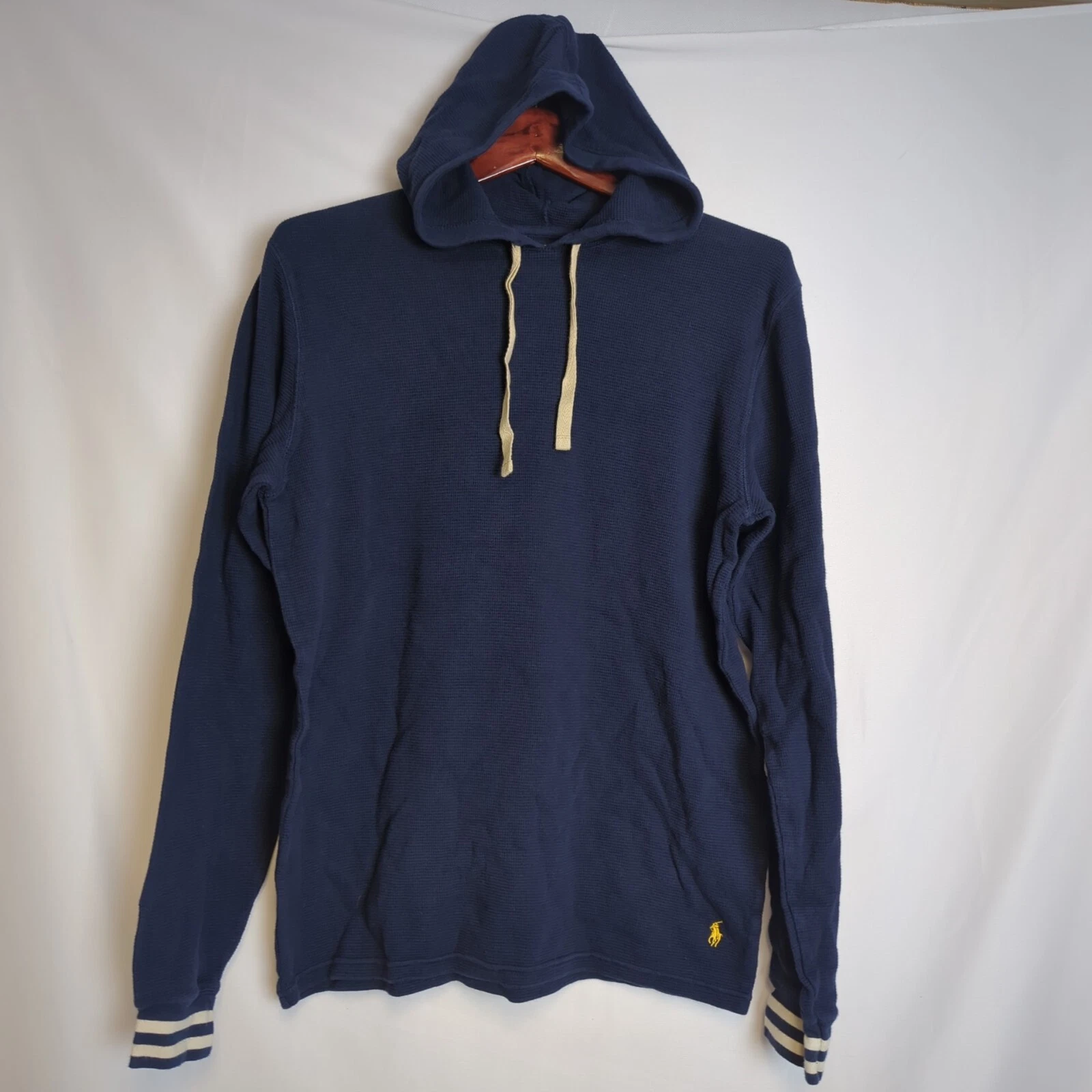 Polo Ralph Lauren Mens Med Navy Blue Thermal Hooded Top Lightweight Waffle Knit