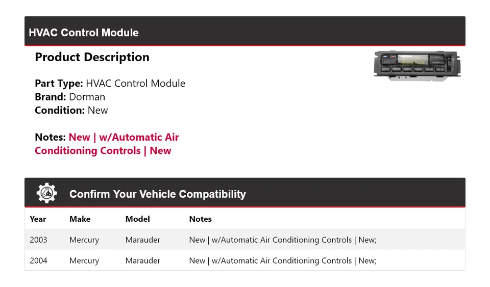 Módulo de control de climatización Mercury Marauder Dorman 2003-2004 Foto 2 de 4