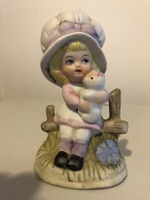 VINTAGE ARTMARK GIRL FIGURINE GIRL SITTING ON BENCH HOLDING KITTEN