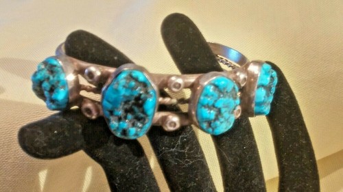 PULSERA DE PUÑO DE ESPONJA DE PLATA ESTERLINA DE COLECCIÓN ANTIGUO PEÓN TURQUESA - Imagen 2 de 12