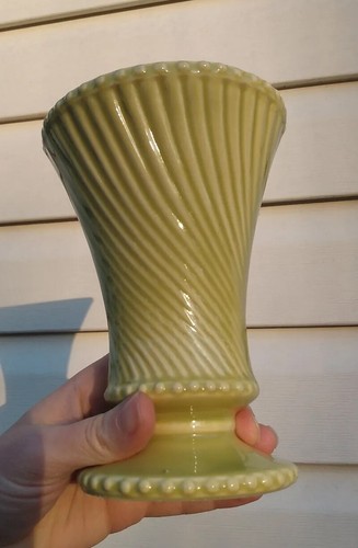 Vtg McCoy GREEN SWIRL trumpet vase ceramic footed pottery pedestal striped - Picture 10 of 11