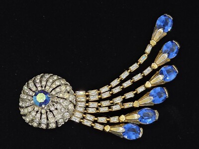 Vtg Blue Rhinestone Spray Shooting Star Comet Gold Tone Brooch Pin